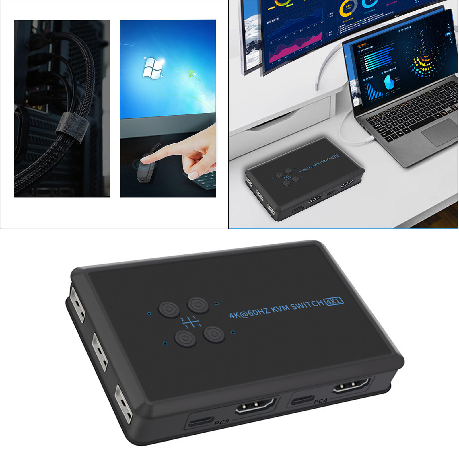 KVM Switch  4 Port Box, UHD 4K@60Hz & 3D & 1080P Supported, Downward