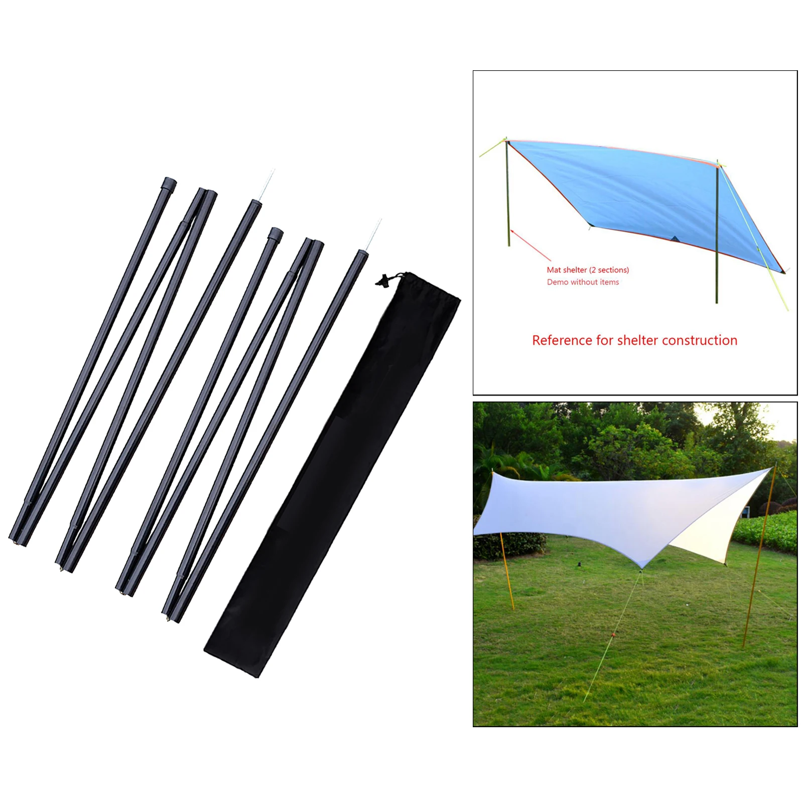 2 Pack Solid Tarp Poles 190cm Awning Tent Rod 4 Section Portable Sticks
