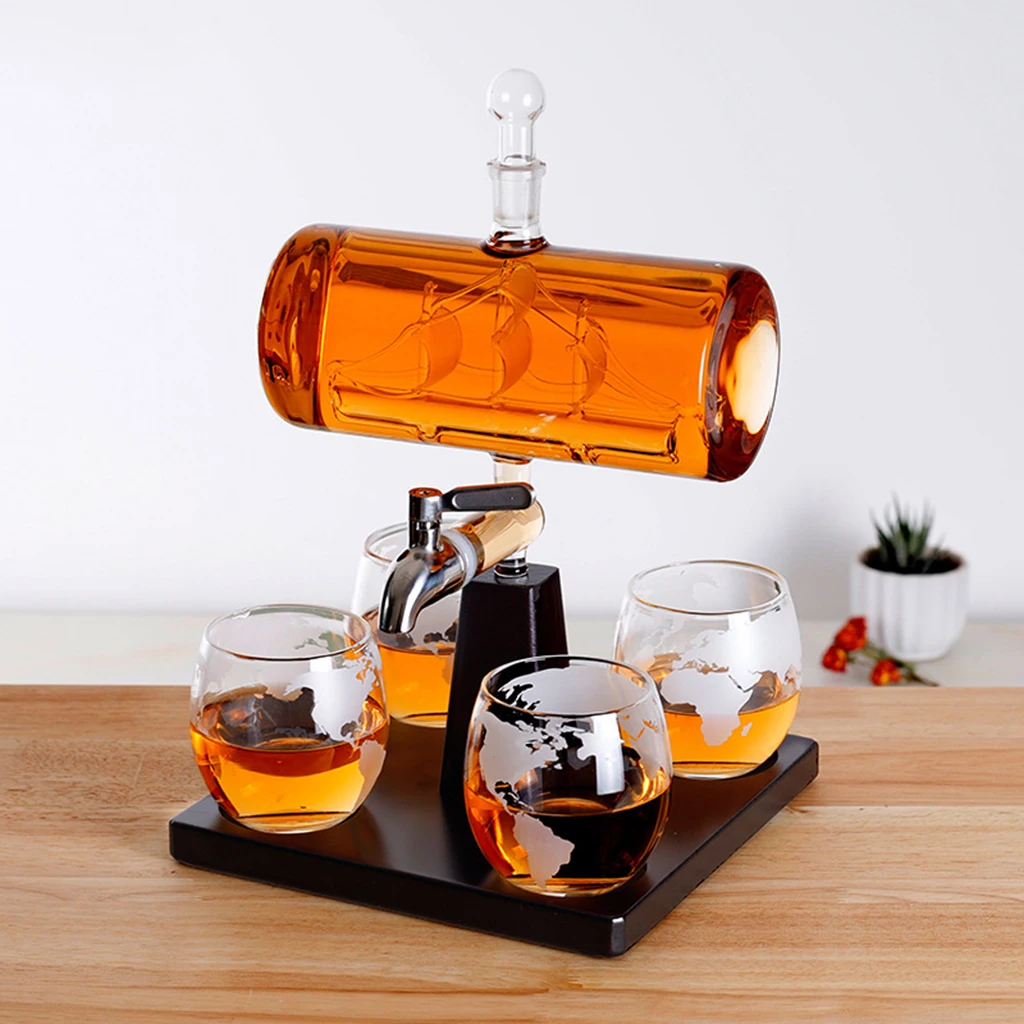 1000ml Whisky Decanter Set with 4 Globe Glasses Cups  Bottle Drink Dispenser Glass Decanter Bottle  Bottle Decanter