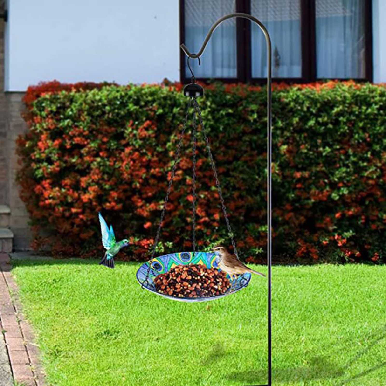 Bird Feeder Solar Stained Glass Landscape Decor Peacock Pattern Bird Bath