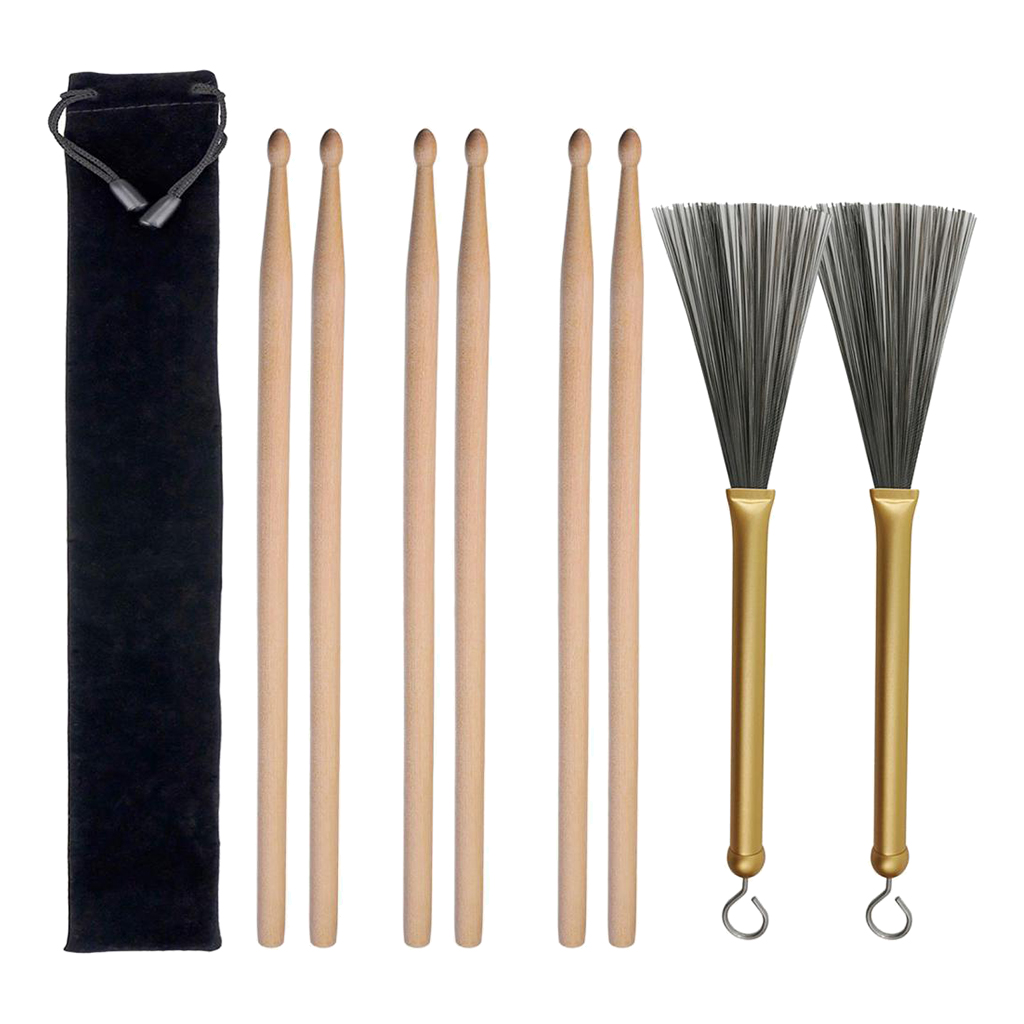 6pcs Wood Drum Sticks 5A Hard 2pcs Drum Wire Brushes Aluminum W/ Storage Bag