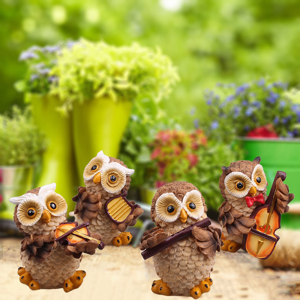 4pcs Fairy Garden Miniature Owl Ornaments Set Mini Animal Statues for Planter Flowerpot Decor Accessories Landscape