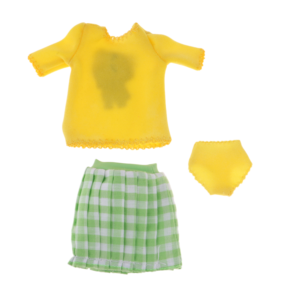 Adorable Cartoon Costume T-shirt & Plaid Miniskirt For 12inch Blythe Dolls