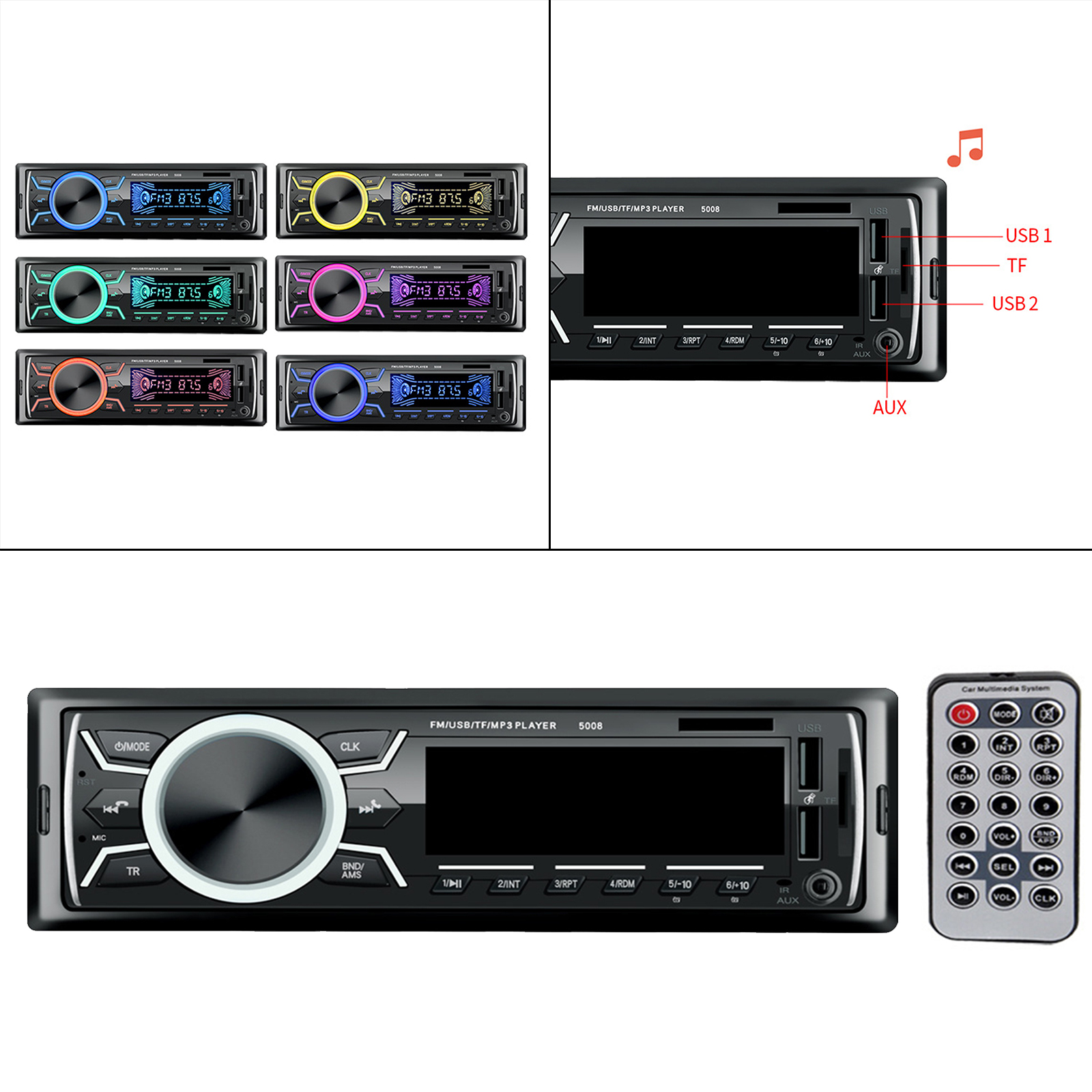 Car Radio with Bluetooth Hands-free System and Remote Control 1 DIN Car Radio MP3 Player Fast Charging Digital Media Player