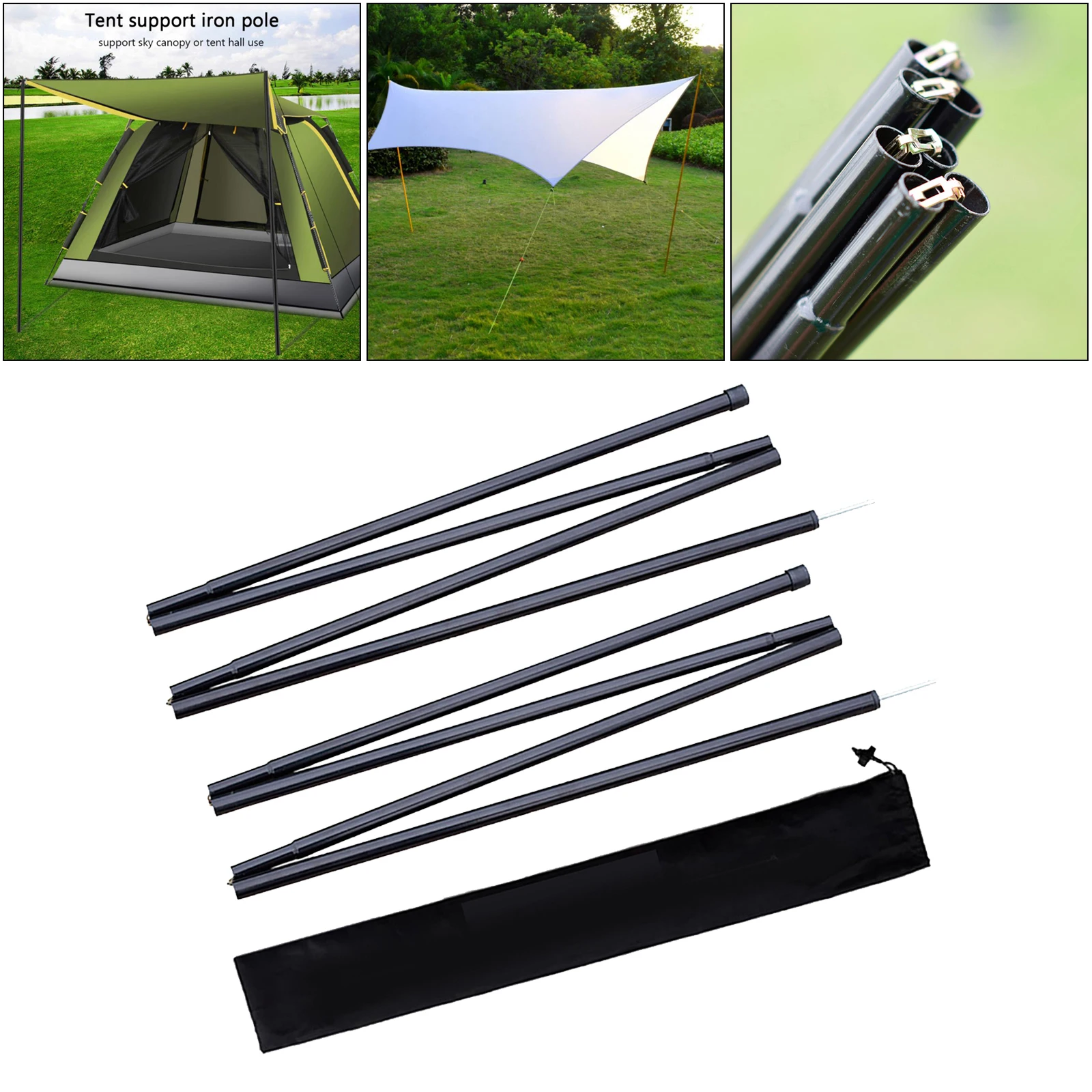 2 Pack Solid Tarp Poles 190cm Awning Tent Rod 4 Section Portable Sticks