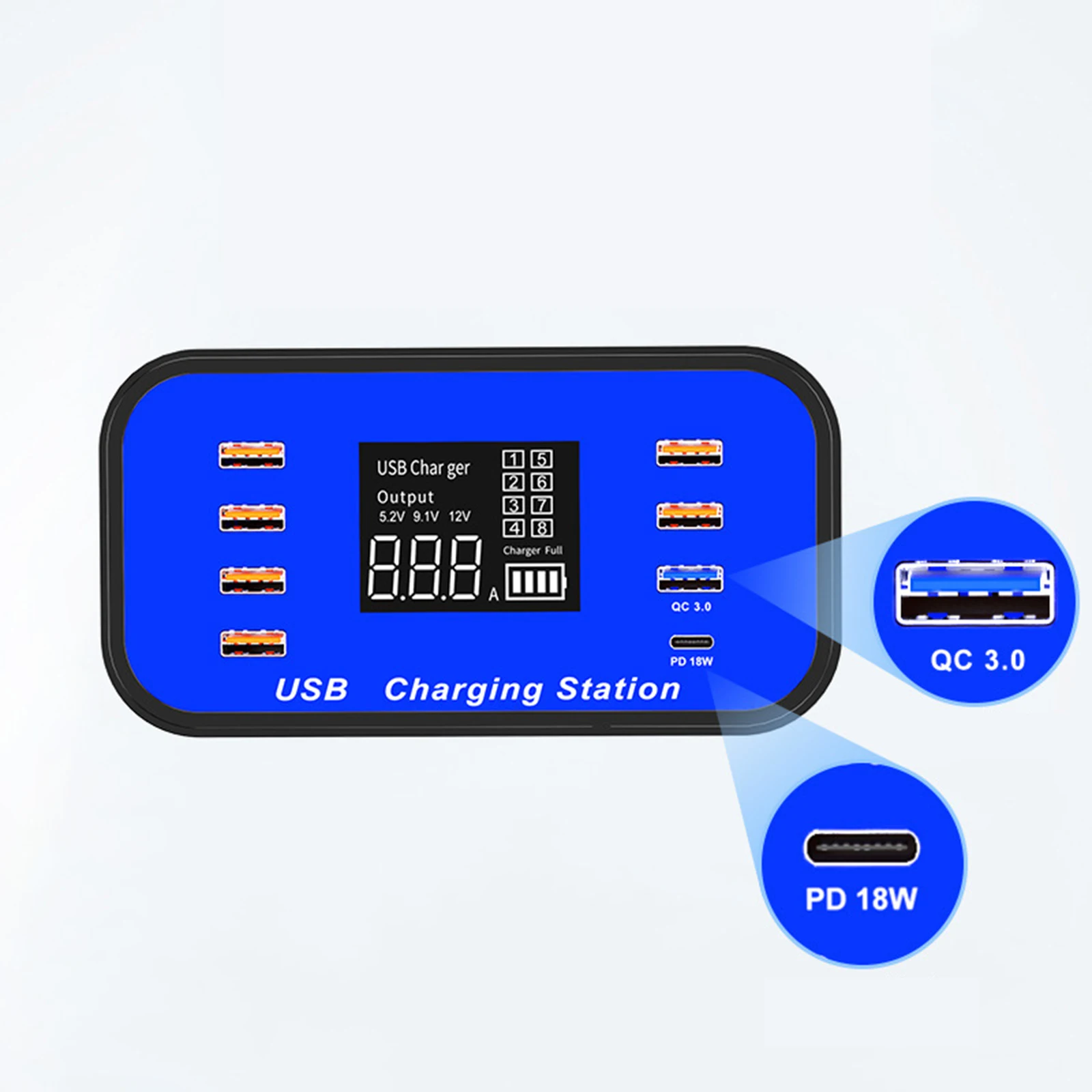 Multi Smart USB Charger 8-Port Desktop Hub Charging Station USB PD-18W QC 3.0 With LCD Display for iOS Android Phone Tablet