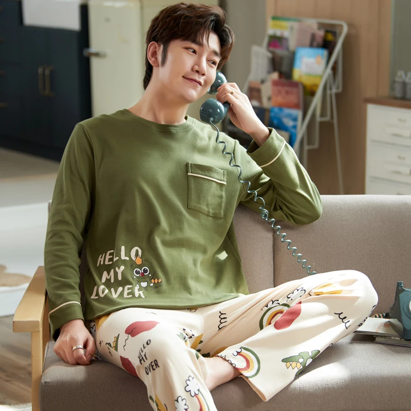 Pajama Sets Men Plus Size 4XL Printed O-neck Full Length Pants Spring Autumn Mens Lounge Sleepwear Korean Style Leisure Trends men satin pajamas