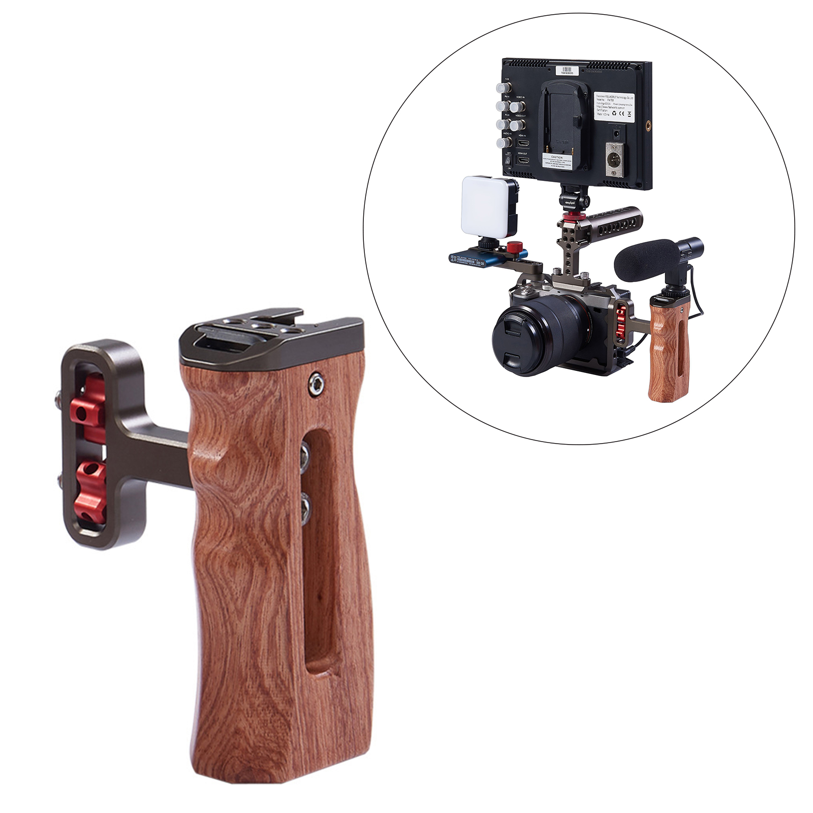Universal Wood Handle Grip Mount for DV Video Cage Rig w/Cold Shoe 1/4” Thread holes , switch from the left to right quickly.