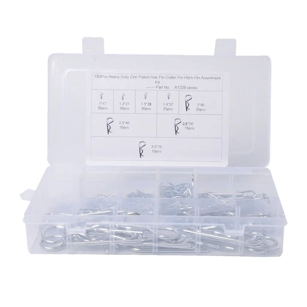 R Cotter Pin Tractor Pin Clip Assortment Fastener Set 8 Different Sizes with Plastic Box Set of 180pcs