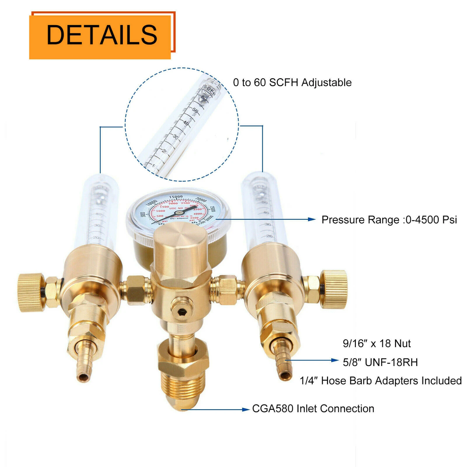  Dual Output Argon Gas Regulator Flowmeter Adjustable output CGA580
