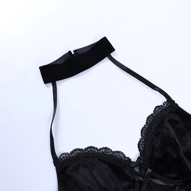 Women Dark Gothic Lace Camisole V-Neck Camis Sleeveless Bodycon Crop Tops Halterneck Black Camis Sexy Mesh Vest Female Clubwear