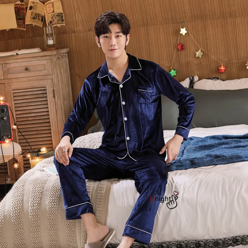 mens fleece pajama pants oversized 5XL Black Velvet Men Pyjamas Long Sleeve Home Suit Sleepwear Loungewear Casual 3xl Luxury for Men Adult Long Pajamas cheap pajama pants