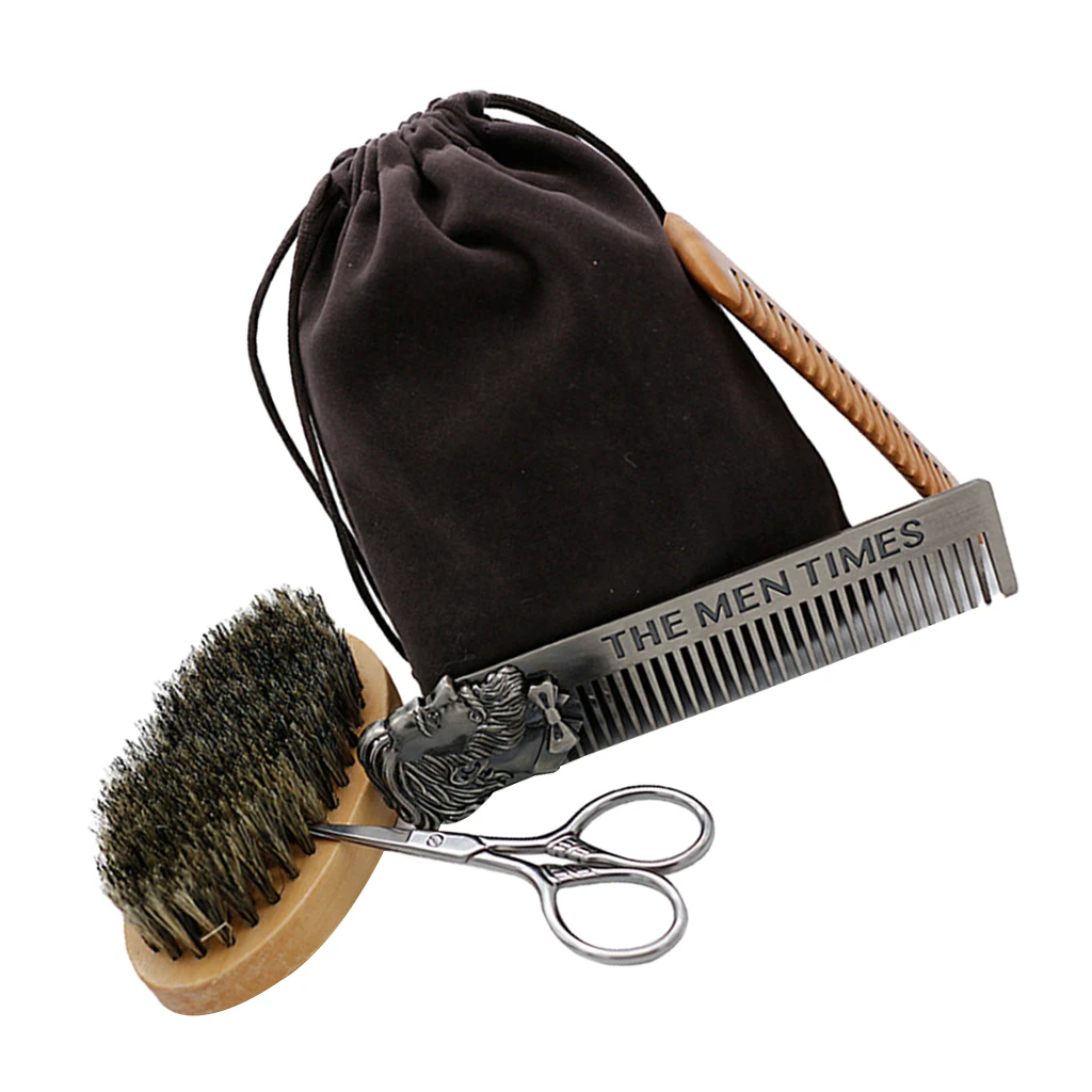 Kit of 4 - Portable Beard Brush / Beard Scissor / Lice Comb /Wide Tooth Comb