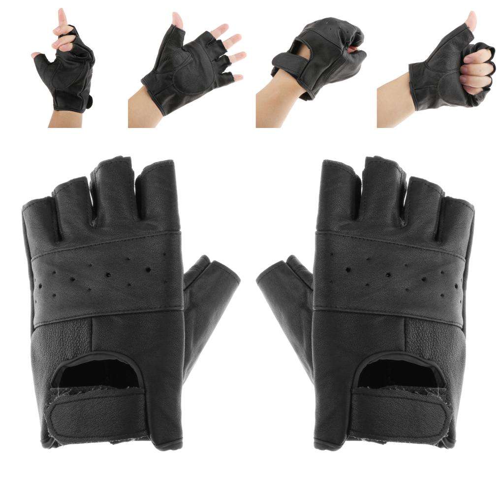 Leather Fingerless Gloves Men's Motorcycle Premium Driving Cycling Weight Lifting Gloves (Black)