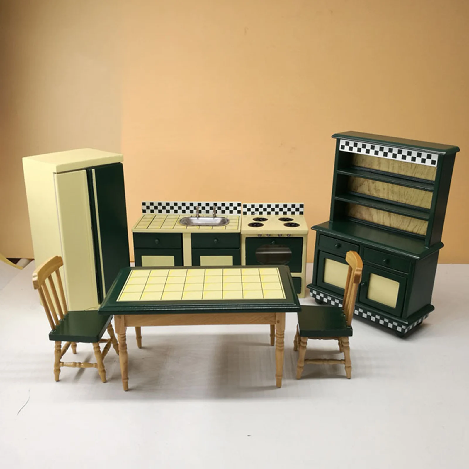 Dollhouse Miniature Wood Kitchen Cabinet Cupboard Refrigerator Table Set