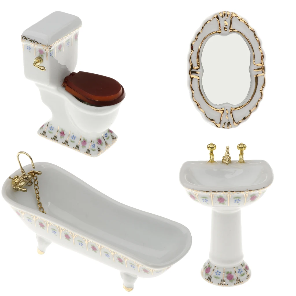 1/12 Dollhouse Miniature Bathroom Furniture Kits Flower Bathtub and Toilet Set #2