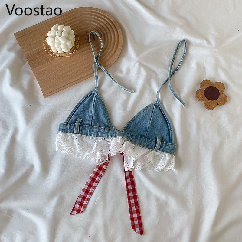 Summer Sweet Lolita Style Denim Shorts Sets Girls Sexy Lace Bandage Camisole Crop Tops Ruffles Jeans Short Pants Women 2PC Set crop top and skirt set
