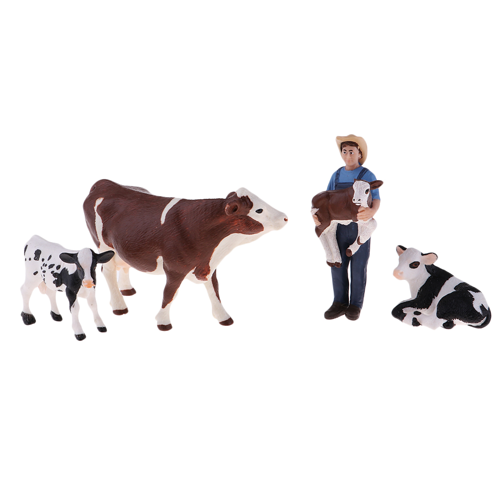 Mini Simulation Farm Animals Toys Set Educational Resource - Farmer & 4 Cows