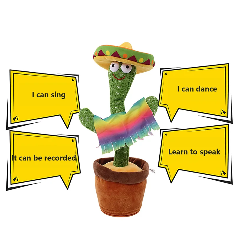 Dancing Cactus with Dynamic Music for 3 English Songs, Funny Childhood Education PP Cotton Filling Plush Toy with Hat cloak pink mp3 player