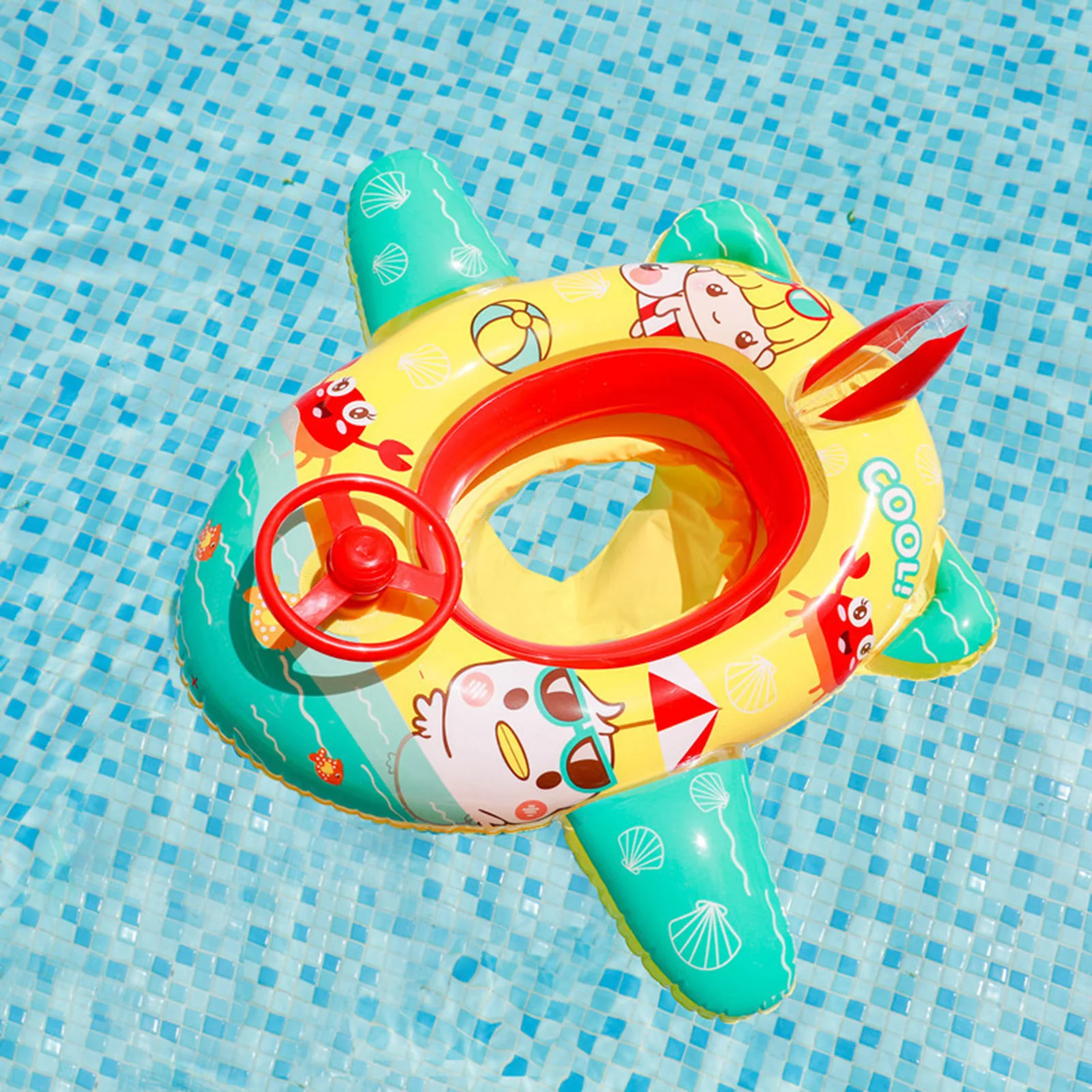 Aircraft Shaped Baby Swimming Float Boat Inflatable Pool Float with Steering Wheel Horn [for Boys Girls Summer Pool Swim Ring