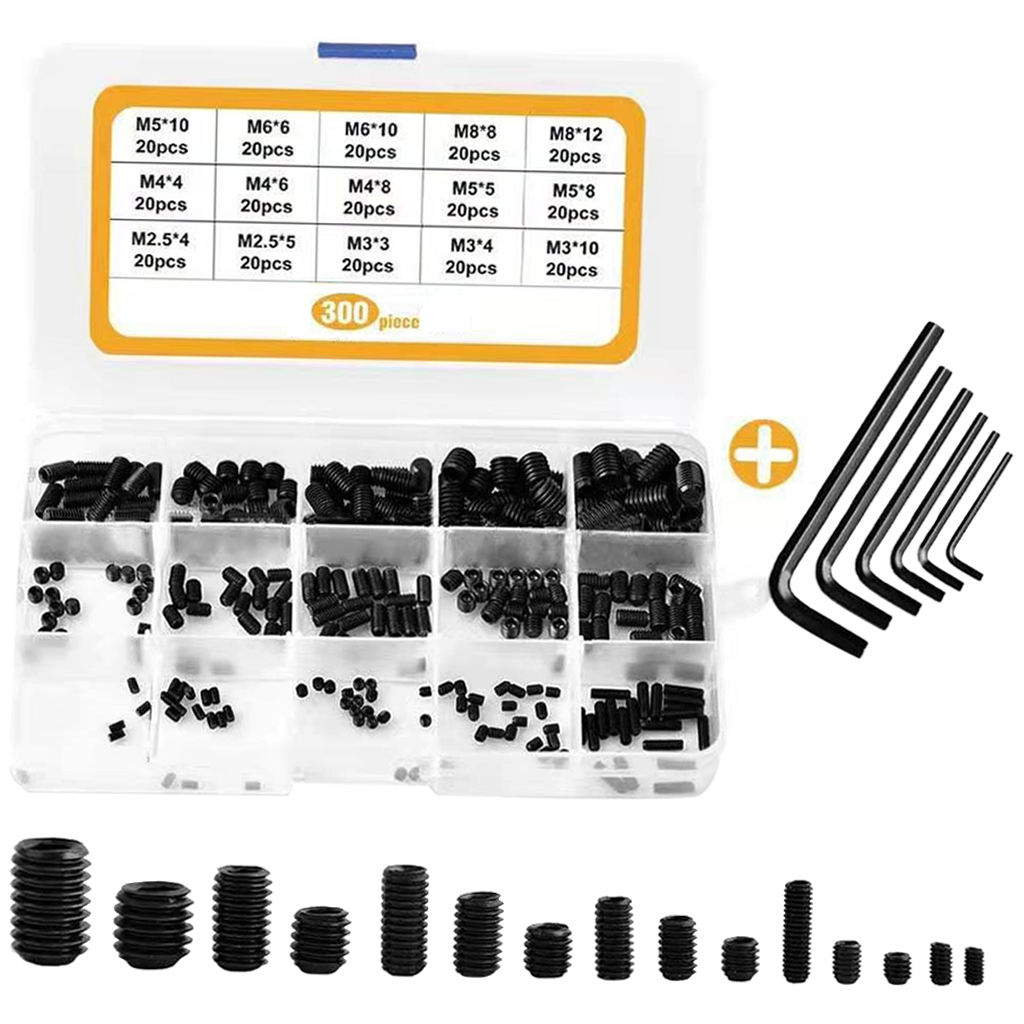 300 Pieces M2.5/M3/M4/M5/M6/M8 Allen Head Socket Screw Screw Assortment Kit Carbon Steel Internal Hex Drive with Hex Wrench