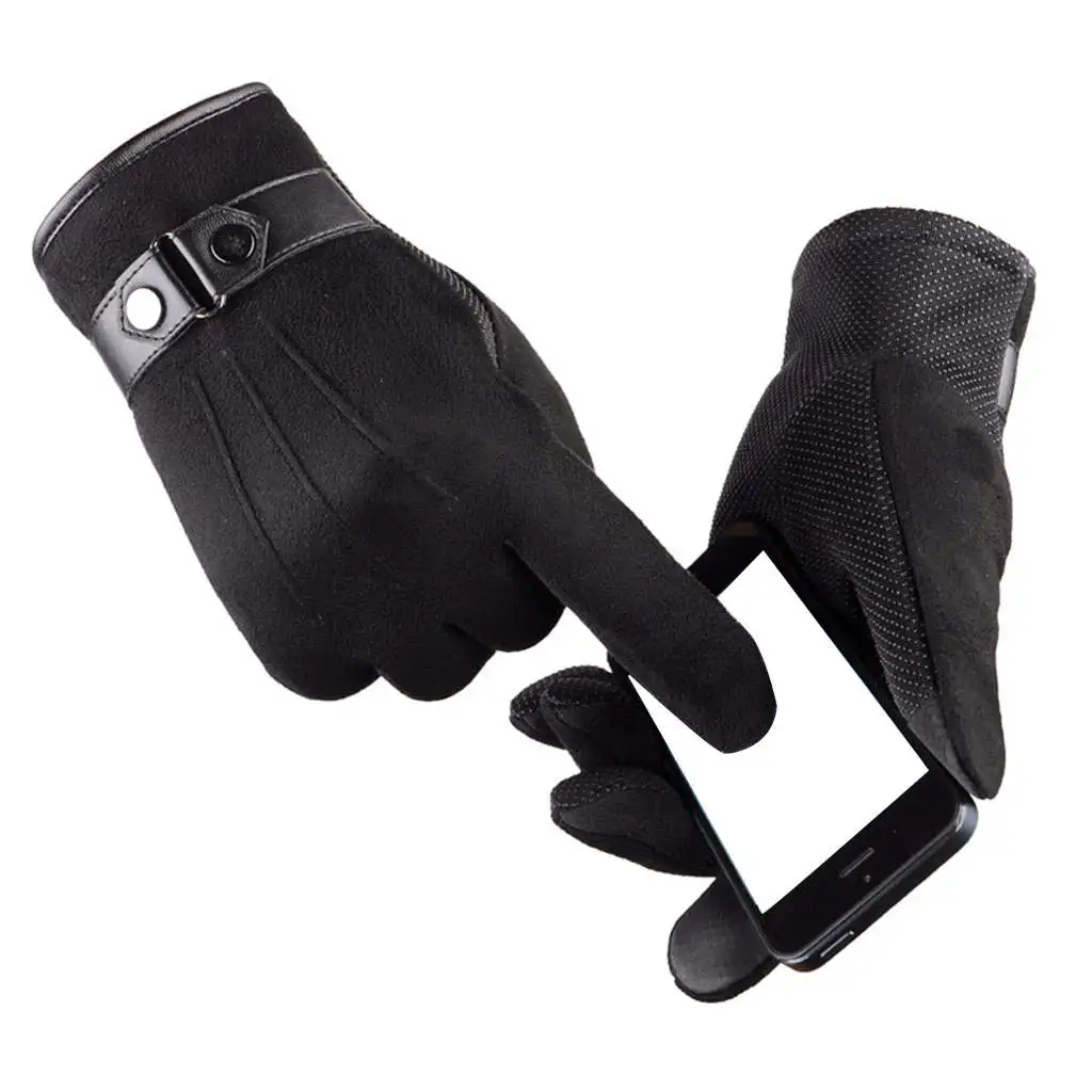 Men Winter Warm Gloves With Velvet Lining Leather Touchscreen Snap Closure Cycling Glove Outdoor Riding Waterproof Gloves