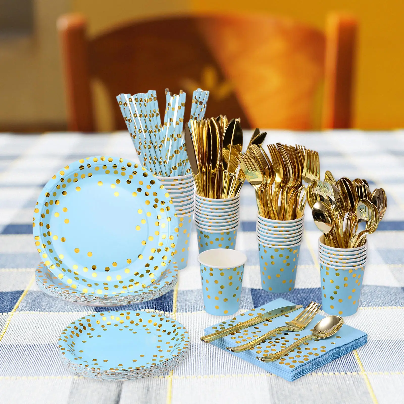 200 Pcs Disposable Dinnerware Sets, Paper Plates Cups, Gold Forks  Spoons for Graduation Birthday Party Supplies