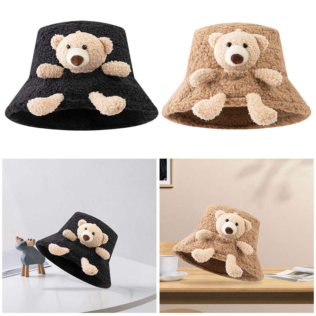 Winter Warm Bucket Hat 3D Stuffed Wide Brim Teddy Bear Fisherman Caps for Teens Children