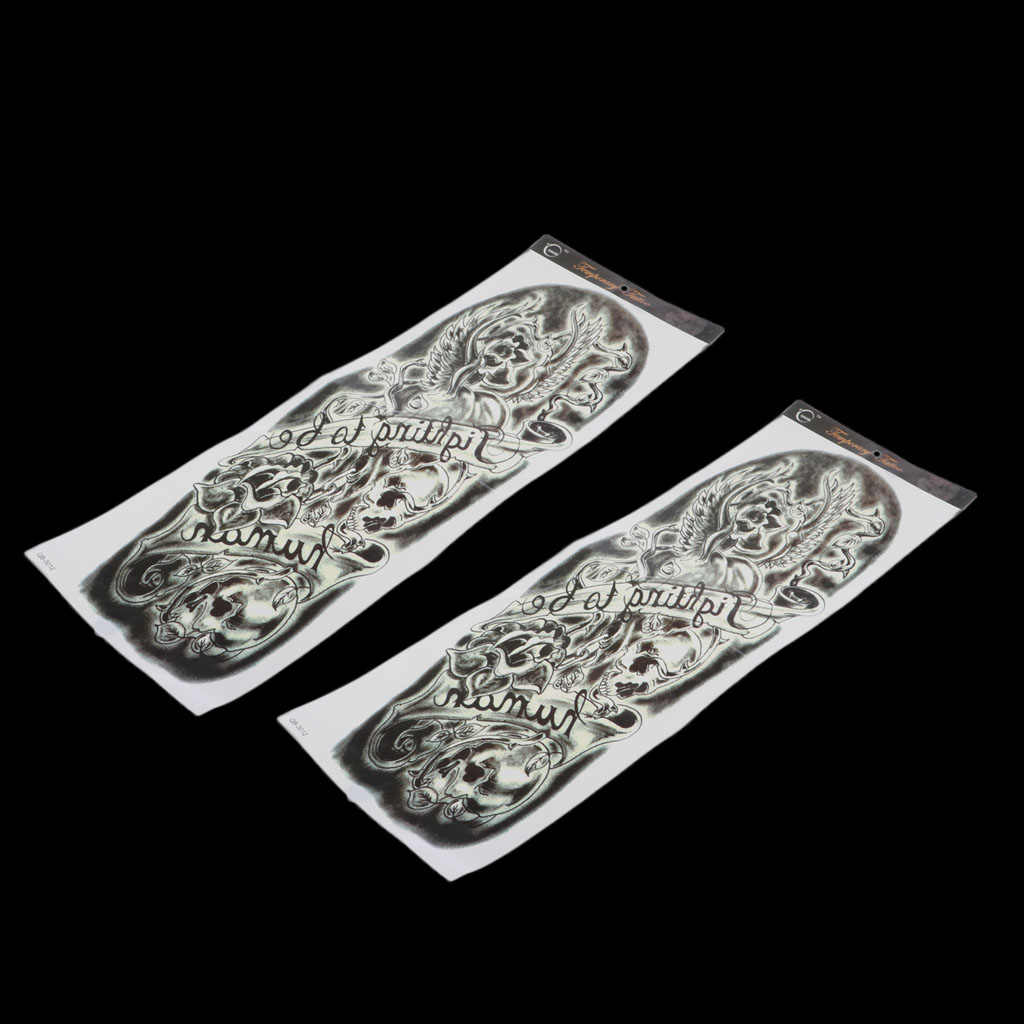 2pcs Temporary Tattoo Sleeves, Large Fake Black Full Arm Tattoo Stickers Skull & Rose Pattern
