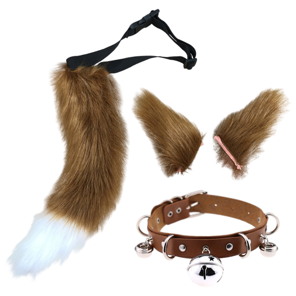 Faux Fur Cat Ears Hair Clip Furry Wolf Fox Tail Halloween Bell Leather Neck Chocker Cosplay Set
