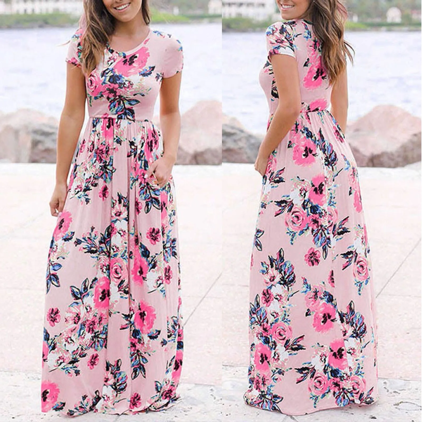 Floral Printed Dress For Women Summer Casual Sexy Maxi Dress WIth Pockets S...