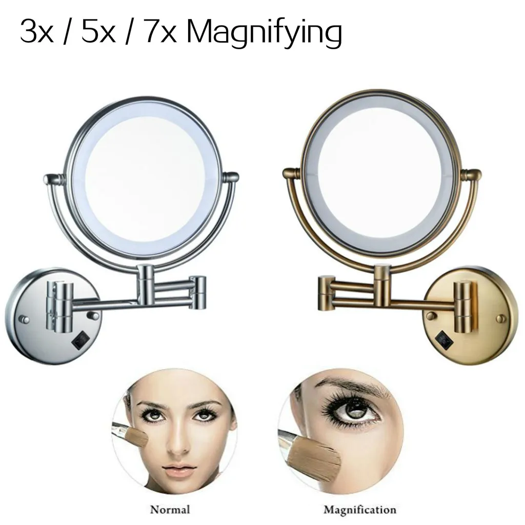 8 inch LED Light Wall Mount Extending Folding Double Side Makeup Mirror 3x 5x 7x Magnification Bath Shaving Mirror