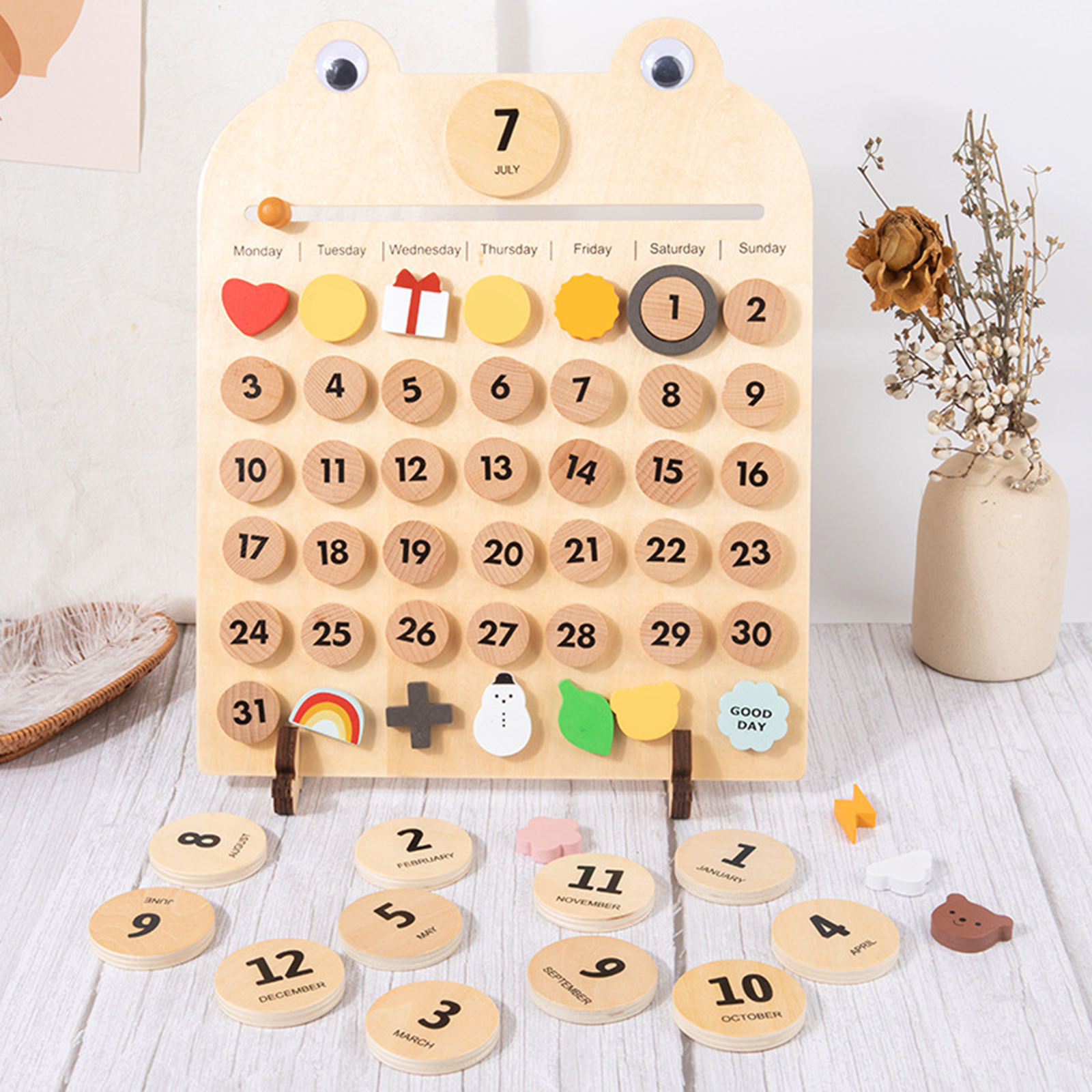 Wooden Desk Calendar,Date Days Weather Montessori Learning Calendar Homeschool for Kid's Preschool Educational Toys