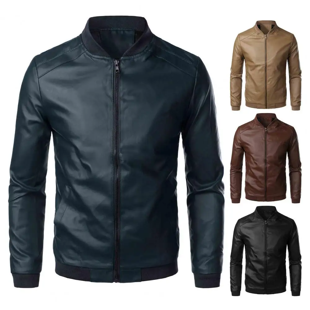 Men Leather Jackets Stand Collar Jackets and Coats Simple Jacket Simple Style Faux Leather Jacket for men chaquetas hombre