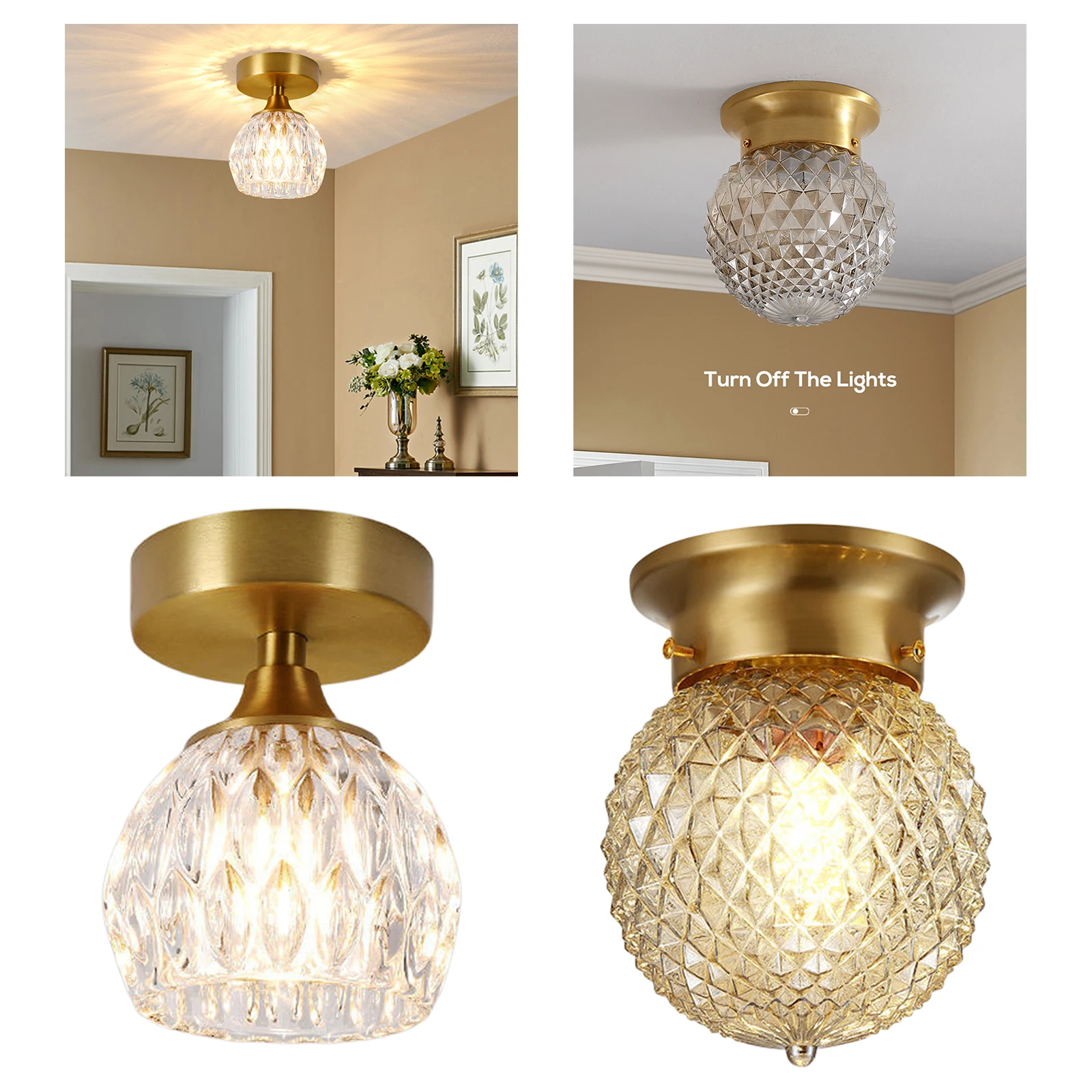 Semi Flush Mount Ceiling Light Glass Shade Brushed Gold Modern Indoor for Bathroom Hallway Cafe Porch Hall