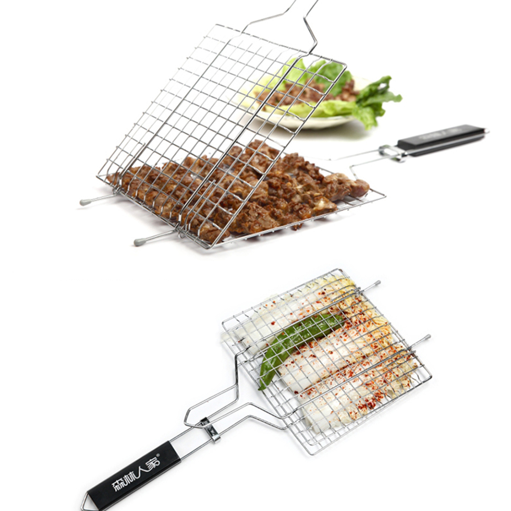 Outdoor BBQ Meat Grill Basket Clip Barbeque Stainless Steel Wire Tray Net