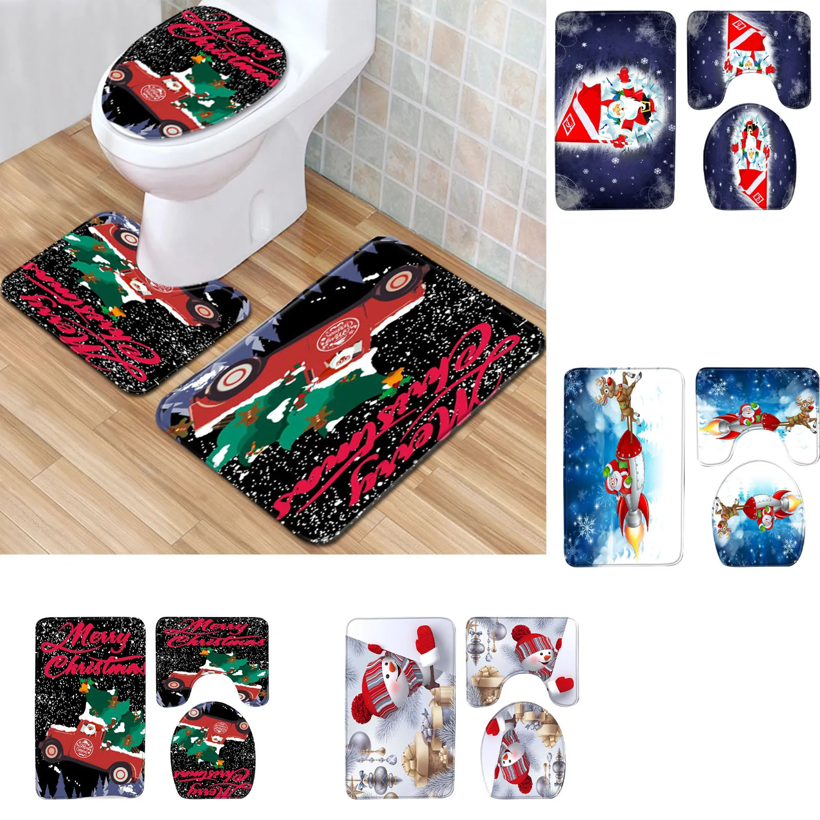 3Pcs Christmas Bathroom Non-Slip Floor Carpet Rug+Lid Toilet Cover+Bath Mat Set 