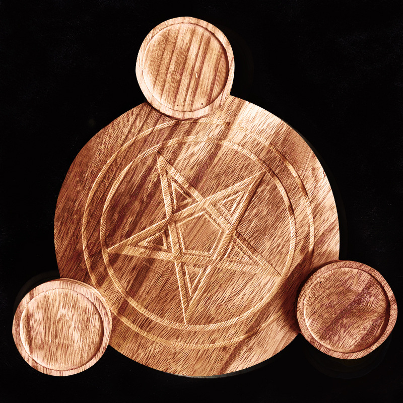 Porte Bougie Bois Pentacle - Bougeoir Rustique Décoration | Support Cristaux Et Bougies | 21x21cm Motif Ésotérique