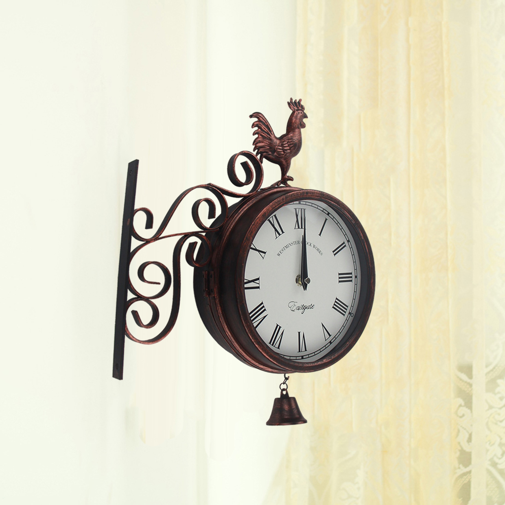 Metal Double Sided Wall Clock Decoration Indoor Outdoor Decorative Wall Hanging Station Clock Round 360° Rotation Clock