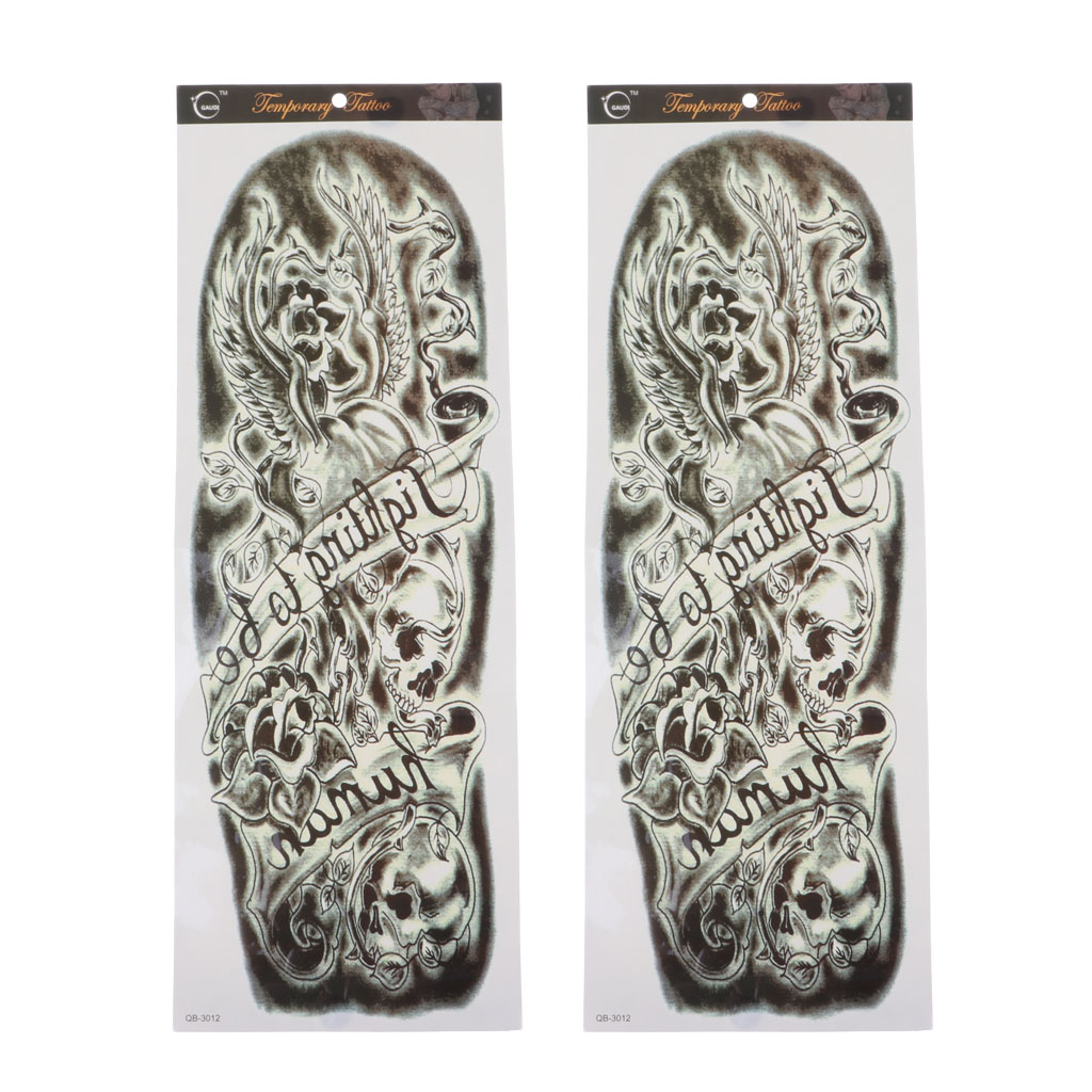 2pcs Temporary Tattoo Sleeves, Large Fake Black Full Arm Tattoo Stickers Skull & Rose Pattern
