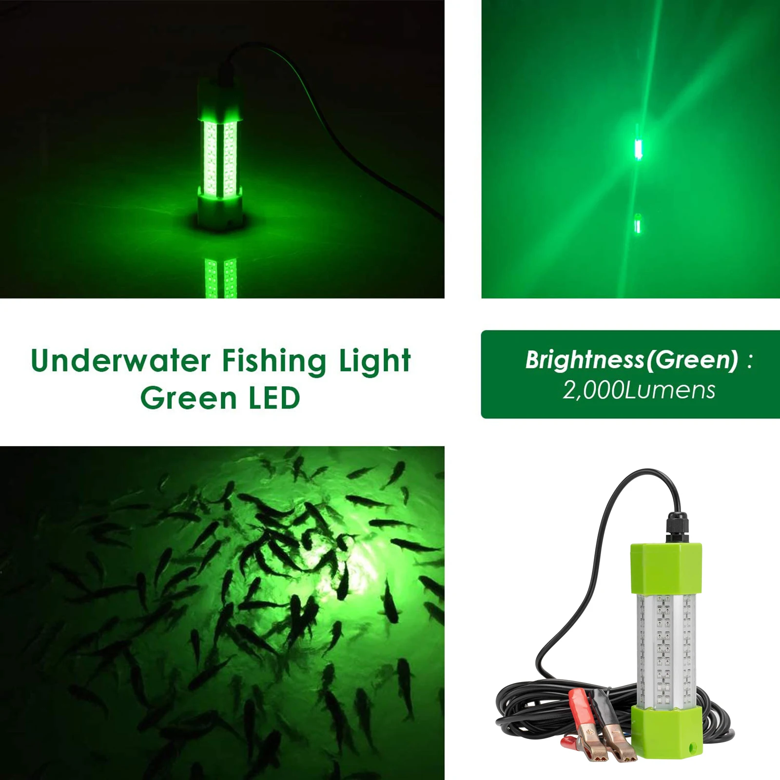 Green LED Underwater Fishing Light 12V Submersible Night Crappie Shad Squid Lamp 