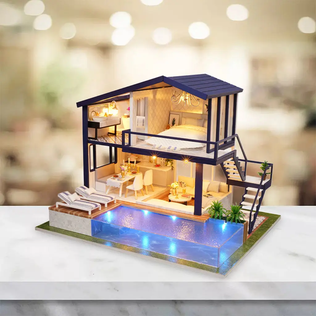 Handcraft Miniature Dollhouse Plus LED Light Battery Case Wooden Villa Cottage House Creative Room 3D Puzzles Model for Girls