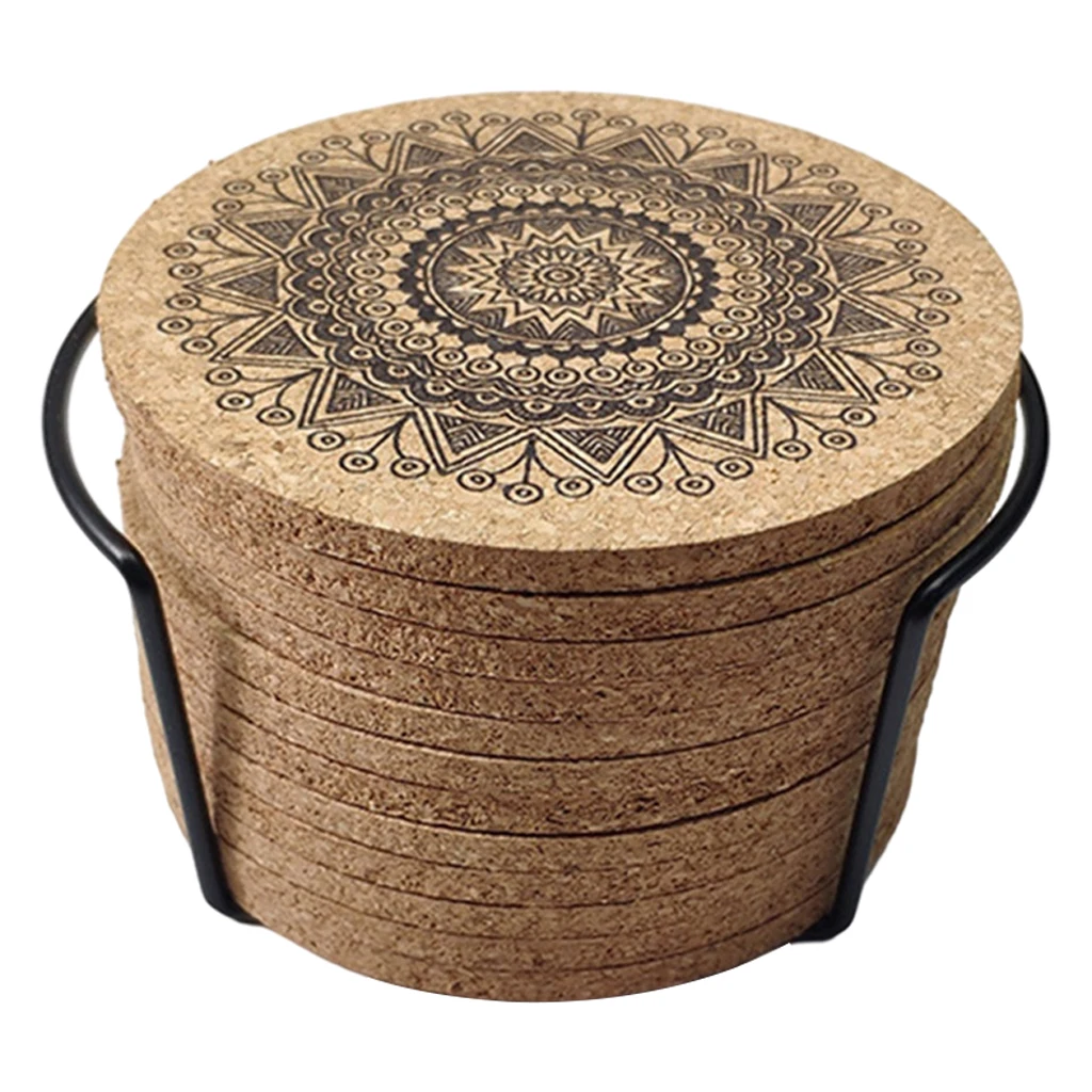 12pcs Round Cork Coasters Drink Coaster with Metal Holder for Restaurant Bar