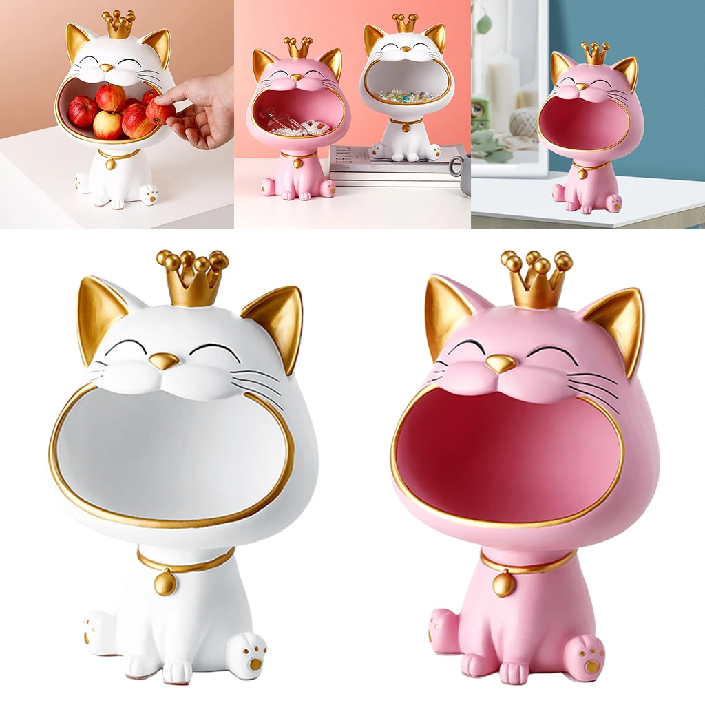 Lucky Cat Figurines Big Mouth Sundries Storage Box Sculpture Statue Resin Animal Decorative Living Room Home Table Ornament