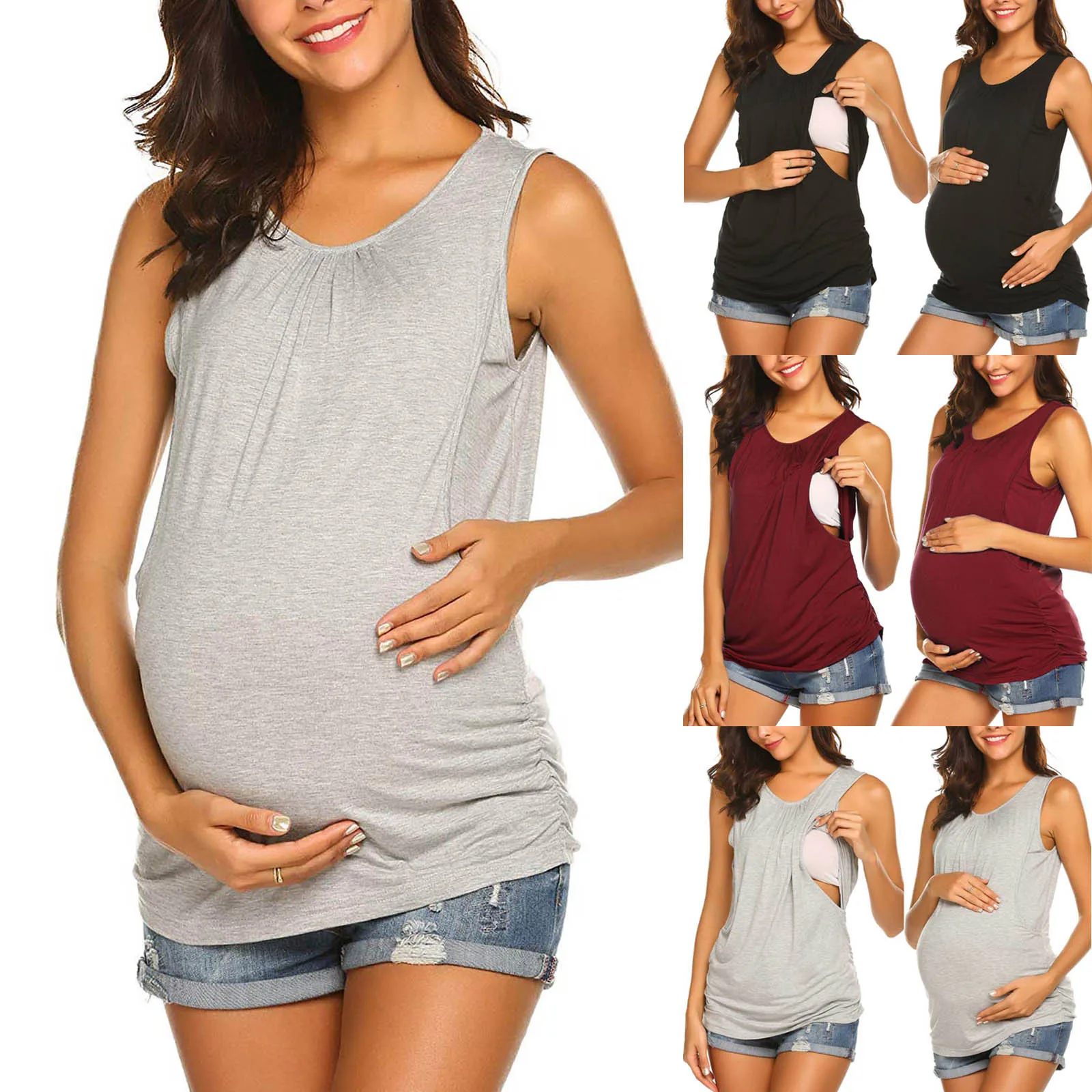 Maternity Tops for Pregnancy Summer Fashion O-Neck Solid Sleeveless Breast-Feeding Pregnant Woman Tank Tops Blouse 