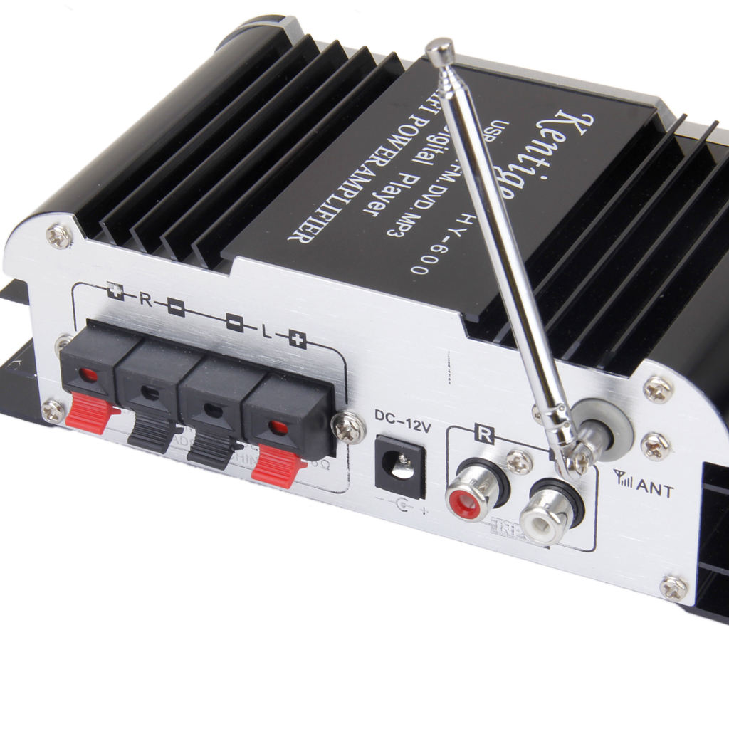 12V HY-600 2CH Mini Stereo Microphone Power Amplifier 20Wx2 USB SD FM Black