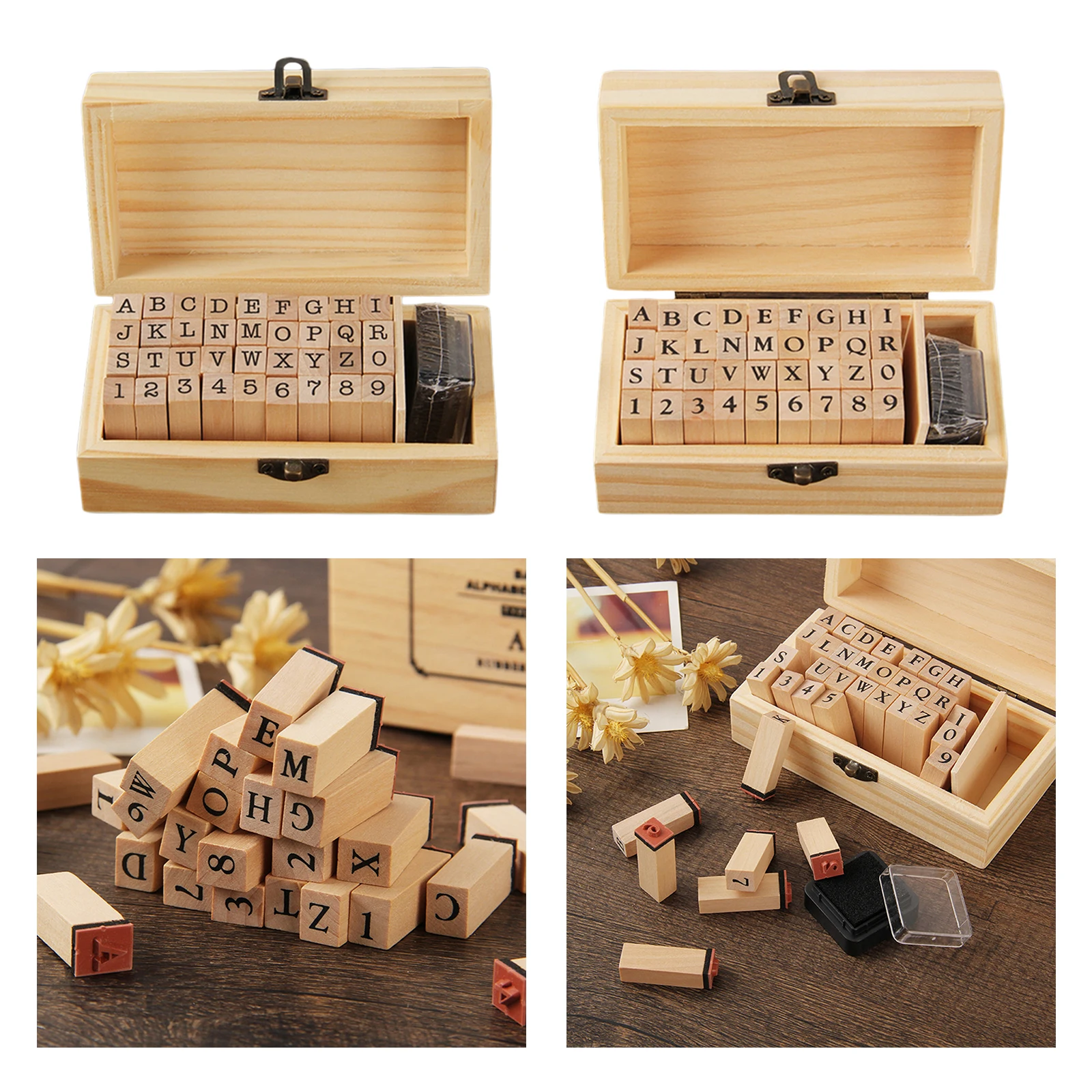 36Pcs DIY Letter Alphabet Stamp Vintage Wooden Number Stamps Set With Wooden Box for DIY Scrapbooking Card Making