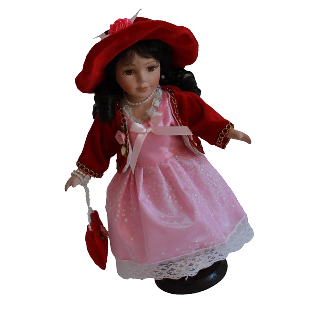 Porcelain Doll 12'' Standing with Pink Dress Victoria Style W/Display Stand