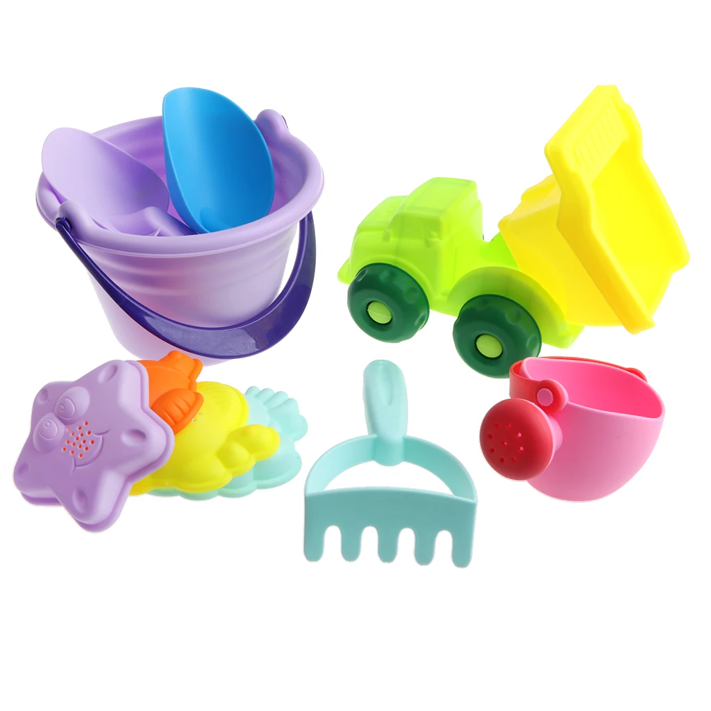 Beach Sand Toy Set with Car, Shovels, Rake, Bucket, Watering Can and Animal Molds, Sandbox Toy Children`s Summer Gift