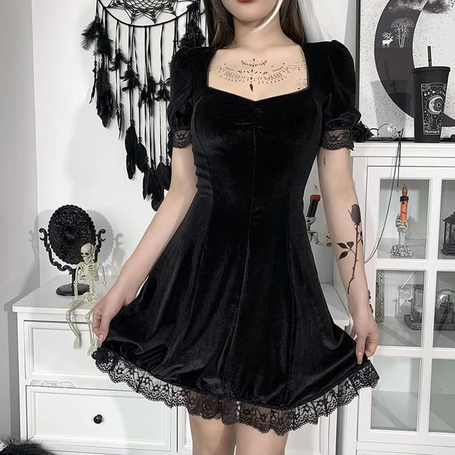 Black Velvet Dress Puff Sleeves  Black Velvet Dress Lace Collar - Vintage  Black - Aliexpress